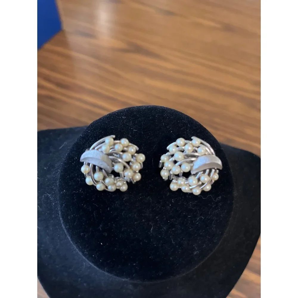 Crown Trifari faux pearl spray brooch and matching earrings vintage